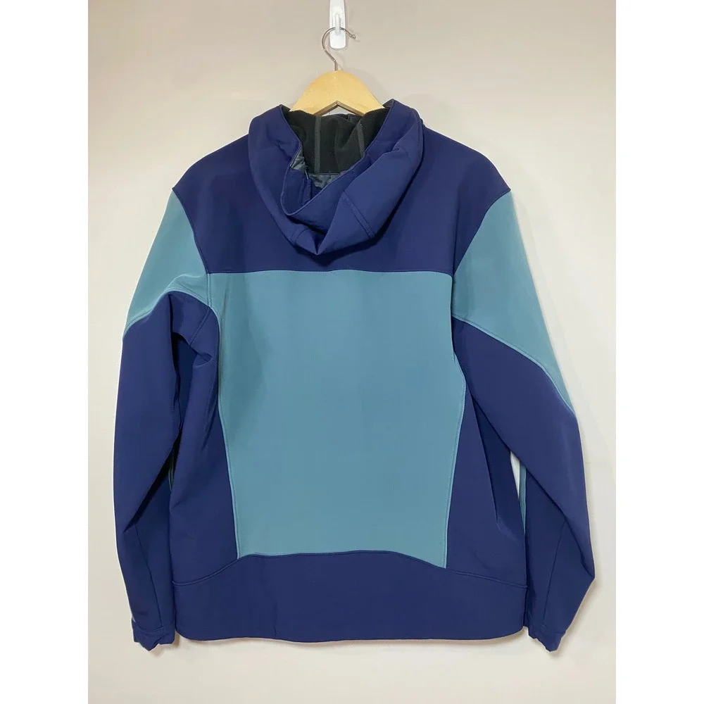 REI Mens Softshell Hooded Jacket Blue Teal Colorblock Size M‎ Fleece Lined *FLAW